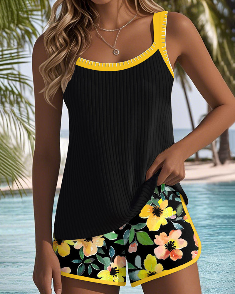 Birgitt – Black Tankini with Flowers and Beach Shorts | Last Day 80% Off!