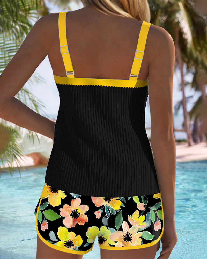 Birgitt – Black Tankini with Flowers and Beach Shorts | Last Day 80% Off!