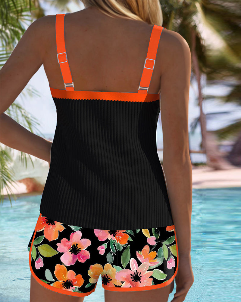 Birgitt – Black Tankini with Flowers and Beach Shorts | Last Day 80% Off!