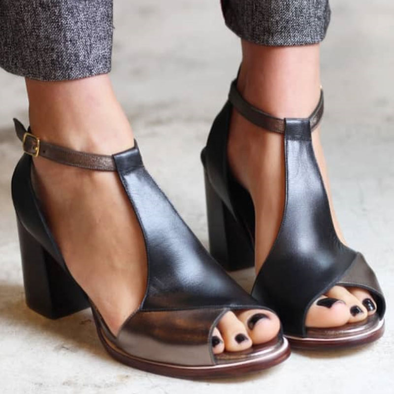 Anyao Elegant High Heels with Open Toe in Black Patchwork – Perfect for Every Occasion