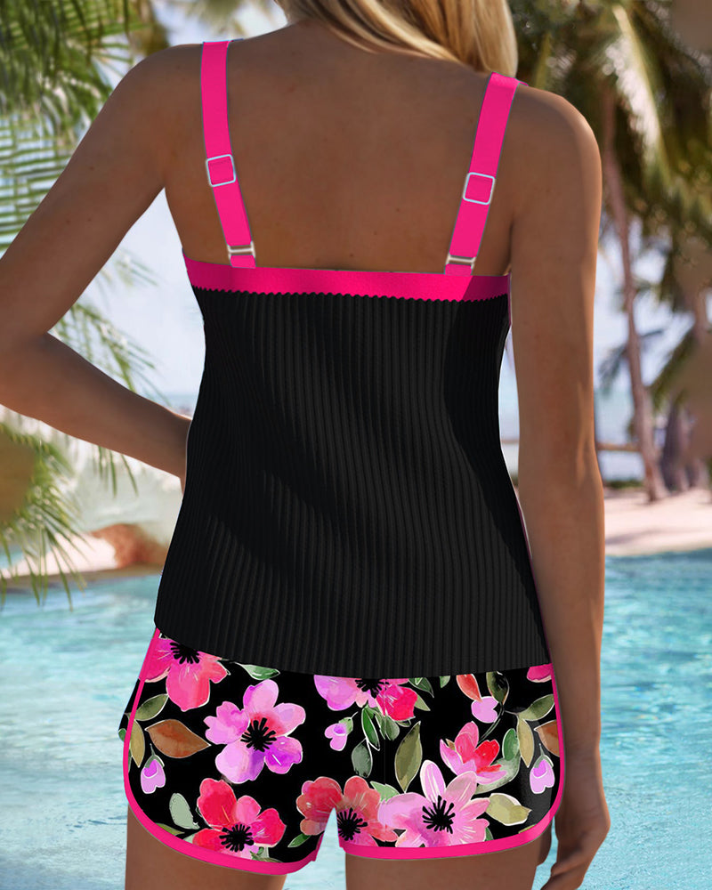 Birgitt – Black Tankini with Flowers and Beach Shorts | Last Day 80% Off!
