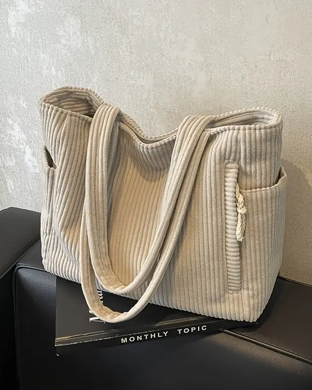 SOCIANI – Trending Ribbed Tote Bag with Drawstring Detail