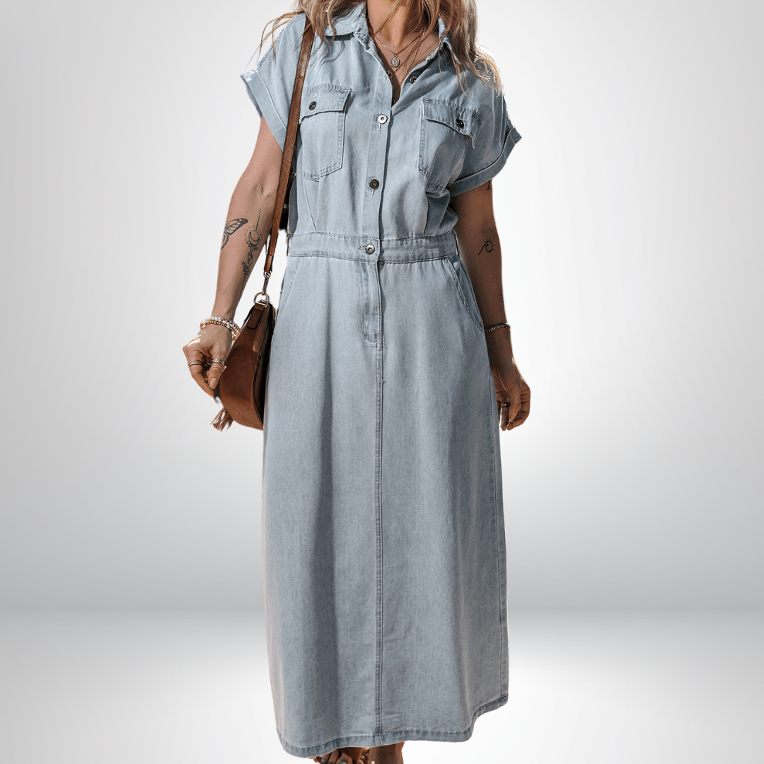 Isabelle - Denim Dress with Elegant Short Batwing Sleeves