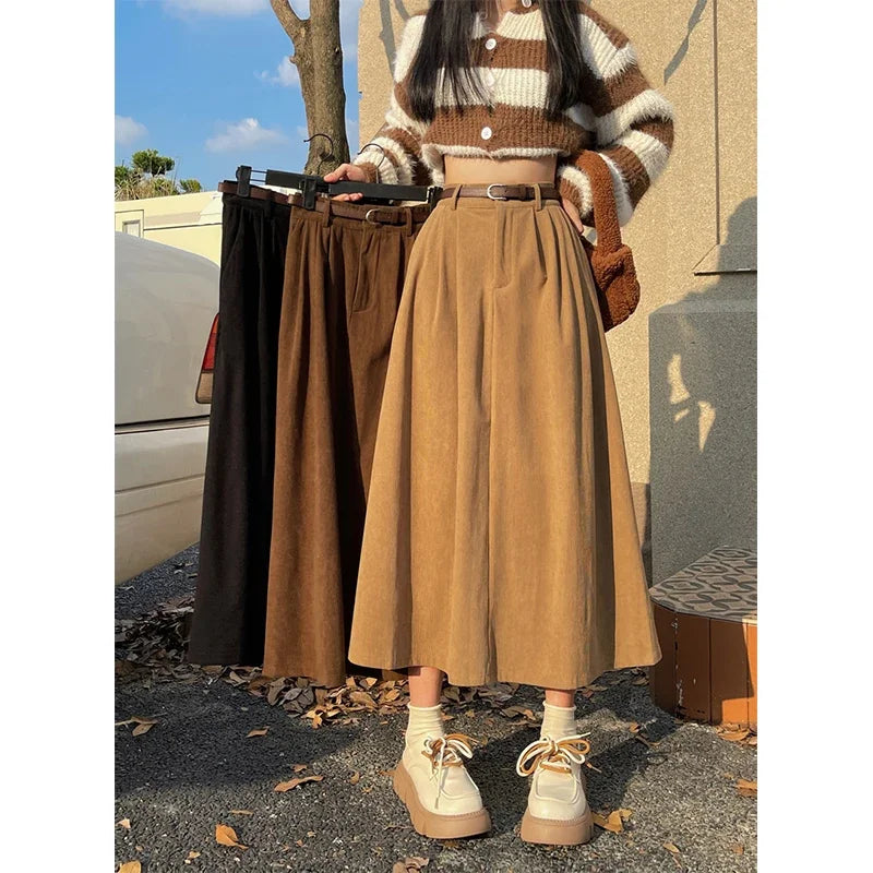 ESTELLE – Classic Belt Corduroy Midi Skirt